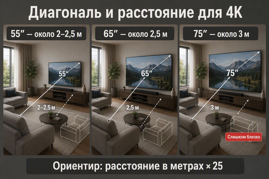 Диагональ телевизора и расстояние до дивана
