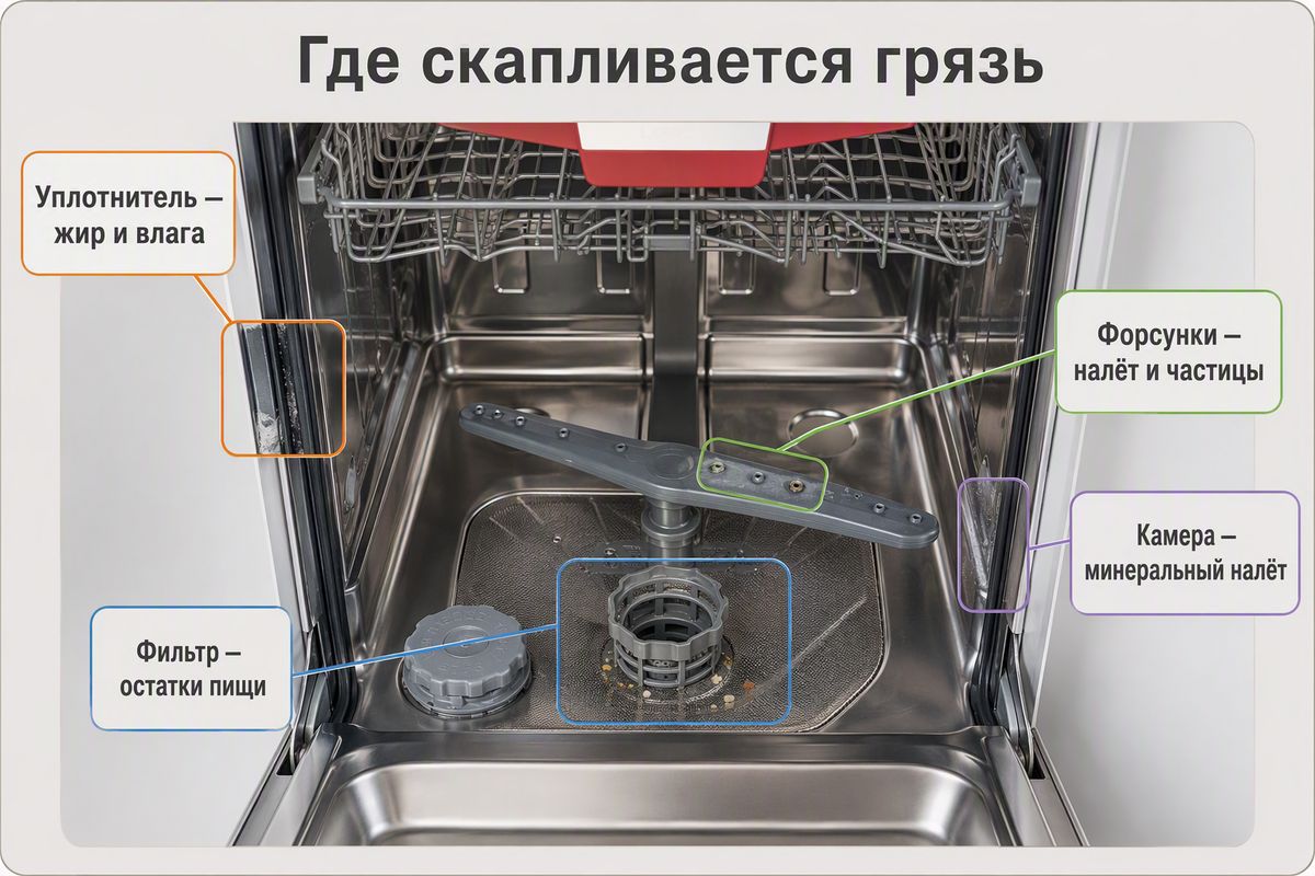 Где скапливается грязь в посудомоечной машине