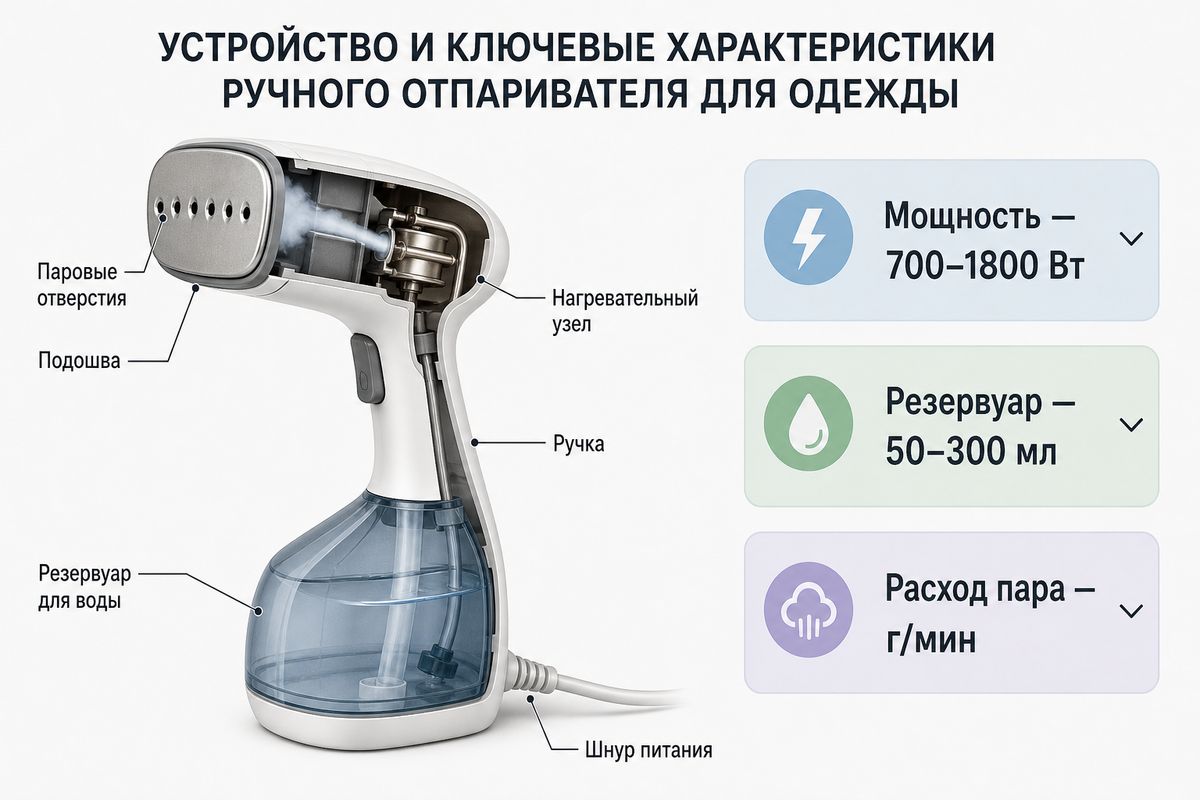 Из чего состоит ручной отпариватель и какие параметры важны