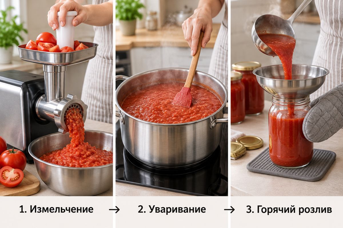 Путь томатов: мясорубка - кастрюля - горячий розлив