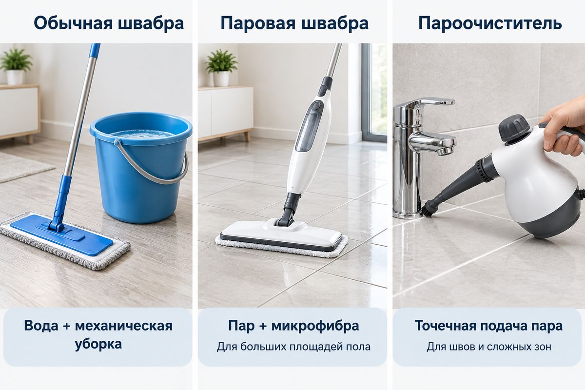 Обычная швабра, паровая швабра и пароочиститель