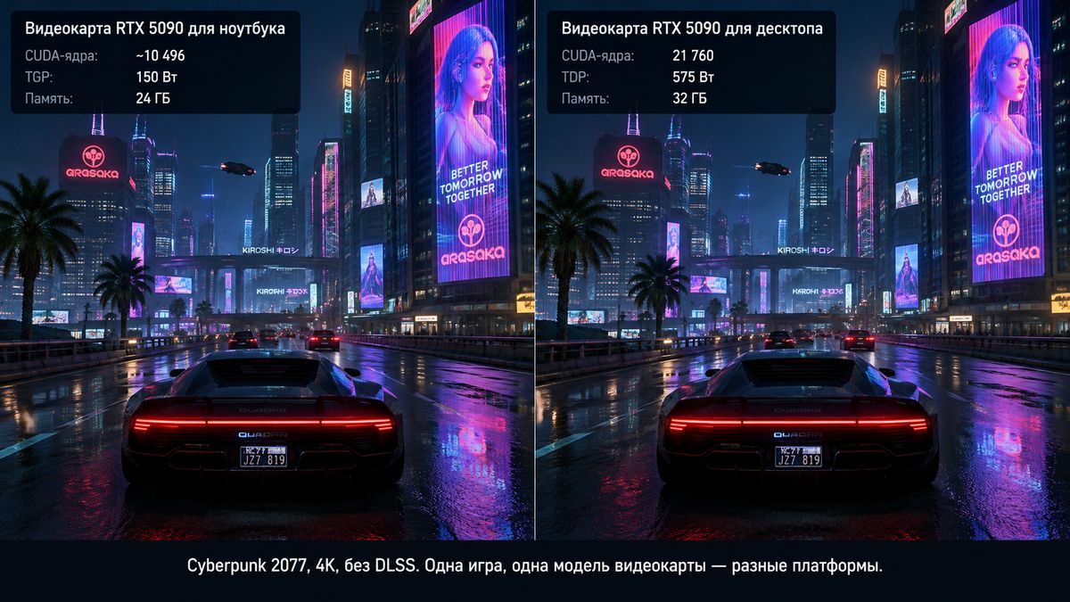 Сравнили игровые показатели RTX 5090 для ноутбука и RTX 5090 для десктопа
