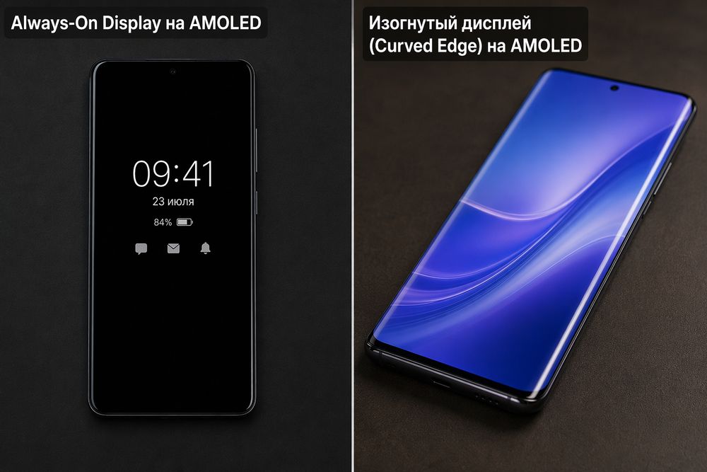 AMOLED Always-On Display и изогнутый экран — два смартфона в одном кадре. Слева время и уведомления на черном экране, справа плавный изгиб дисплея по краям.