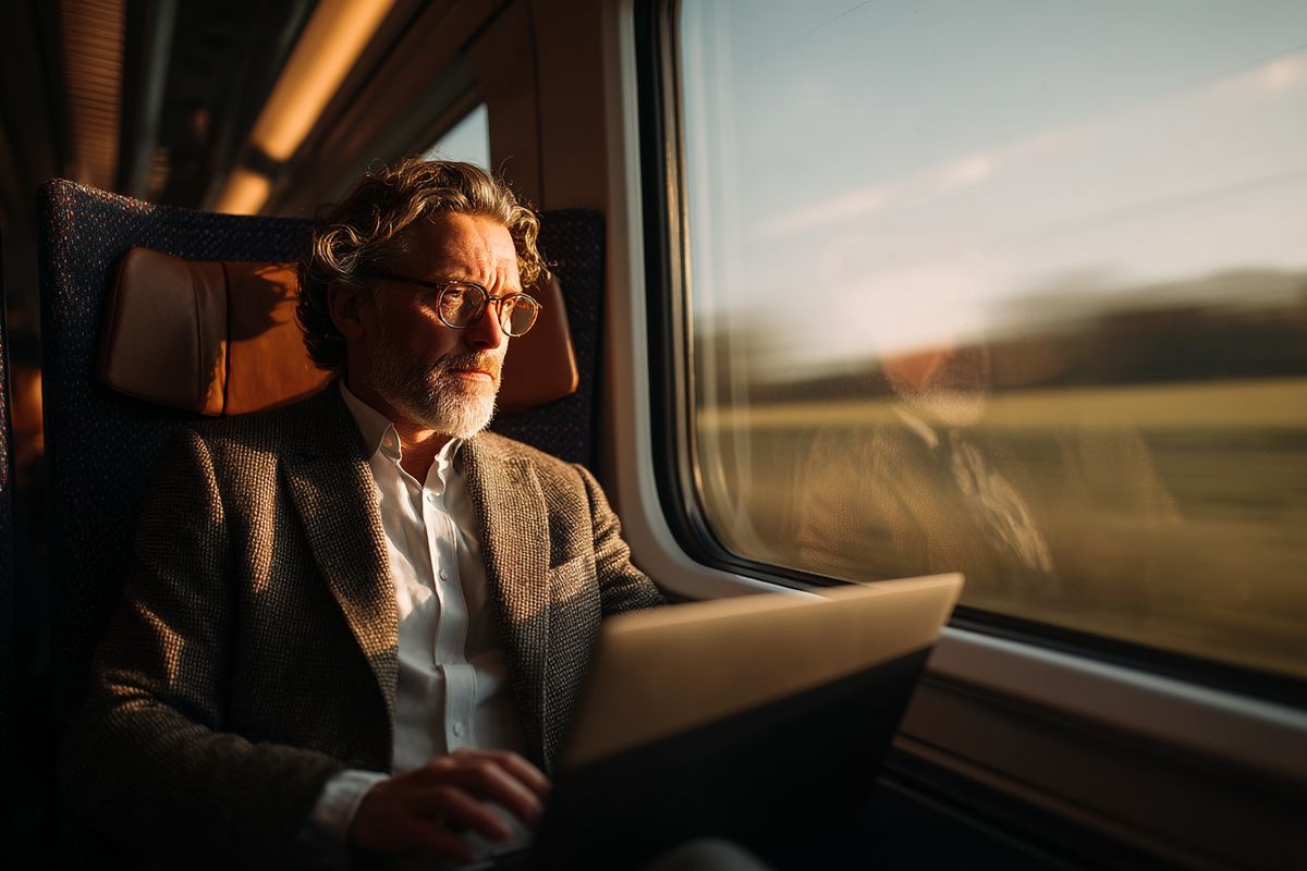 Мужчина работает во время езды на поезде