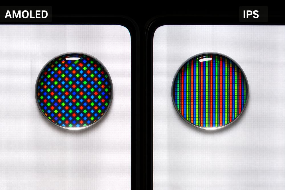 Крупный план экранов двух смартфонов через линзу капли воды. Слева AMOLED с ромбовидными пикселями, справа IPS с полосатой структурой. 