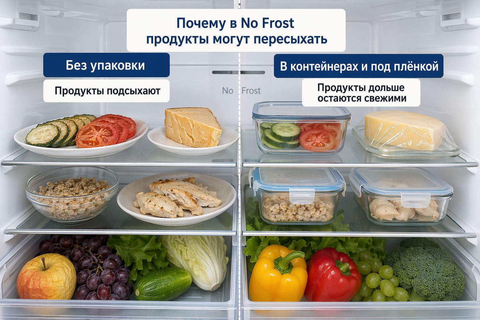 Практическая сцена внутри холодильника: открытые продукты выглядят подсохшими, а рядом такие же продукты в контейнерах и пищевой плёнке сохраняют свежий вид.