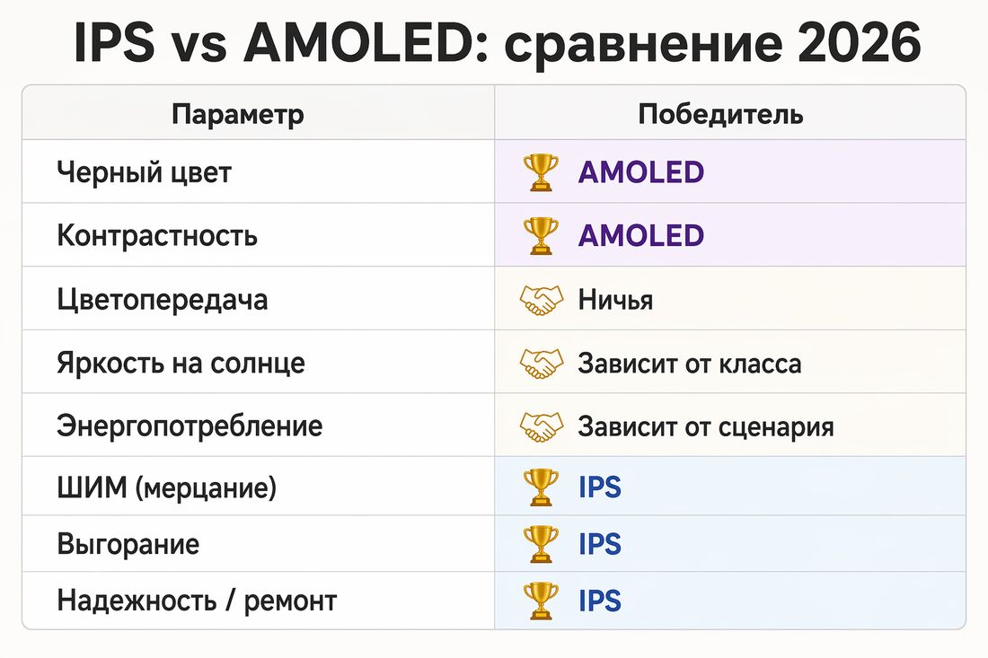 Таблица сравнения IPS и AMOLED: AMOLED побеждает по черному цвету и контрастности, IPS — по ШИМ, выгоранию и надежности. Ничья по цветопередаче, яркости на солнце и энергопотреблению.