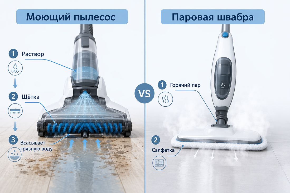 Как работают два прибора: пылесос и паровая швабра