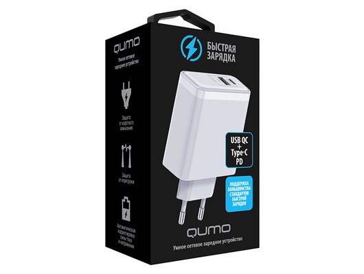 Зарядное устройство Qumo Energy PD65W Type-C PD+USB-A QC3.0, цвет белый