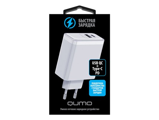 Зарядное устройство Qumo Energy PD65W Type-C PD+USB-A QC3.0, цвет белый