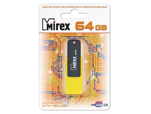 USB Флеш Mirex City 64GB, USB 2.0, Желтый (Быт)