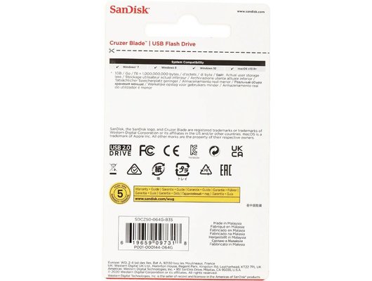 USB Флеш SanDisk 64GB, CZ50 Cruzer Blade, USB 2.0 (Быт)