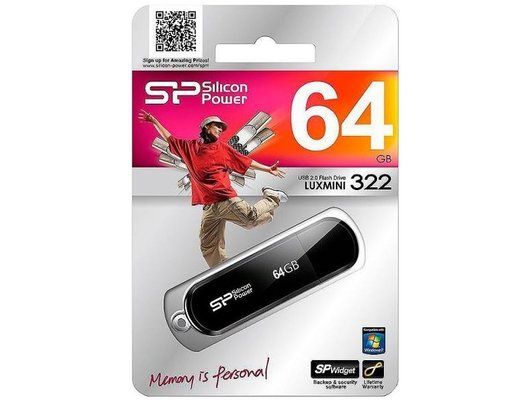 USB Флеш Silicon Power LuxMini 322, 64GB USB 2.0, Черный (Быт)