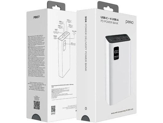 Внешний аккумулятор PERO PB07 30000 mAh, Li-Pol, output USB-C + 4 USB-A, белый
