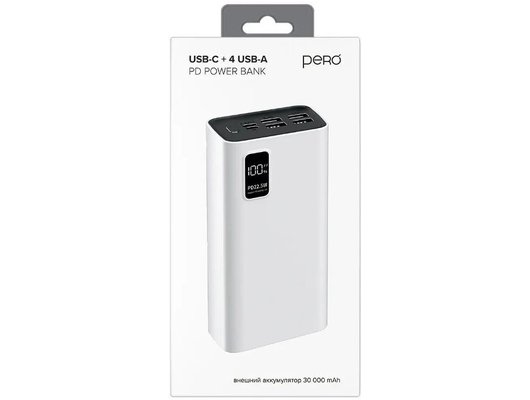 Внешний аккумулятор PERO PB07 30000 mAh, Li-Pol, output USB-C + 4 USB-A, белый