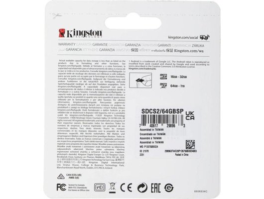 Карта памяти Kingston 64Gb microSDXC Canvas Select Plus 100R A1 Class 10 адаптер (SDCS2/64GB)