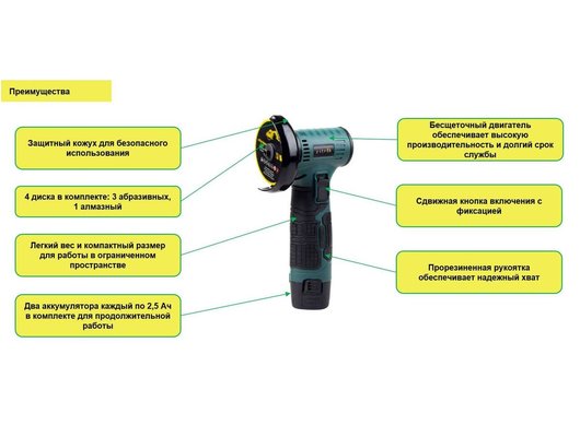 Углошлифмашина Zitrek AG 12 PRO (2x2.5Ач комплект дисков) (085-1120)