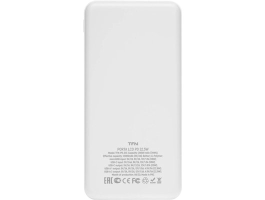 Внешний аккумулятор TFN 20000mAh Porta LCD PD 22.5W wh TFN-PB-312-WH