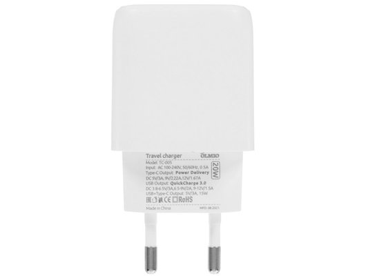 Зарядное устройство OLMIO СЗУ 20W, Type-C +USB, PD, QC, white (43365)