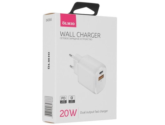 Зарядное устройство OLMIO СЗУ 20W, Type-C +USB, PD, QC, white (43365)