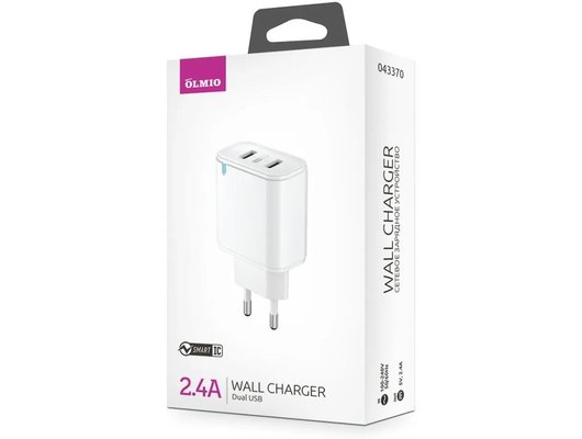 Зарядное устройство OLMIO СЗУ USBx2, 2.4A, Smart IC, white (43370)