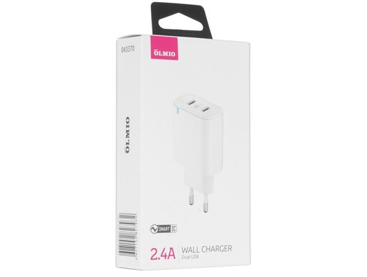Зарядное устройство OLMIO СЗУ USBx2, 2.4A, Smart IC, white (43370)
