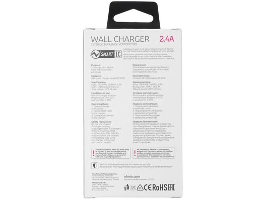 Зарядное устройство OLMIO СЗУ USBx2, 2.4A, Smart IC, white (43370)
