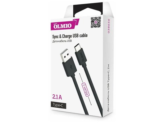 Кабель OLMIO USB 2.0 - USB type-C, 2м, чёрный (38656)