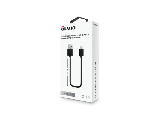 Кабель OLMIO USB 2.0 - microUSB,  1м, 2.1A, черный (38693)