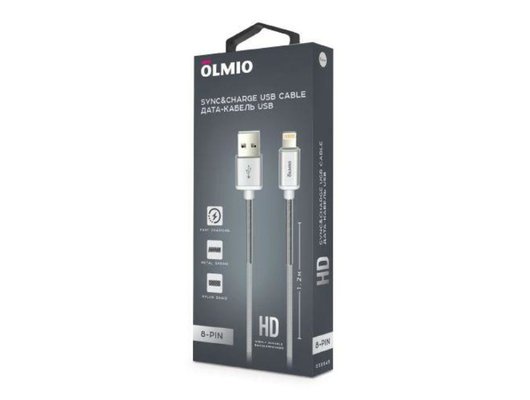 Кабель OLMIO USB 2.0 - lightning, 1.2м, 2.1A, белый,  38645