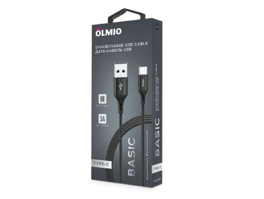 Кабель OLMIO BASIC, USB 2.0 - Type-C, 1.2м, 2.1A, черный, 41638