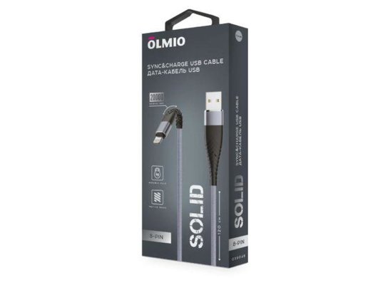 Кабель OLMIO SOLID, USB 2.0 - lightning, 1.2м, 2.1A, титан,  39048