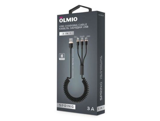 Кабель OLMIO SPRING, USB 2.0  3-в-1, 1.5м, 3A 041623