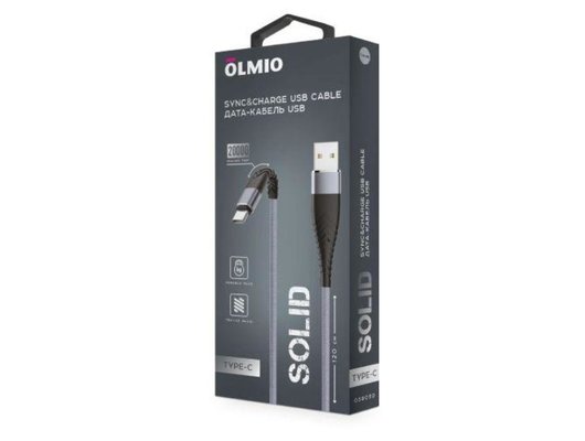 Кабель OLMIO SOLID, USB 2.0 - Type-C, 1.2м, 2.1A, титан, 39050