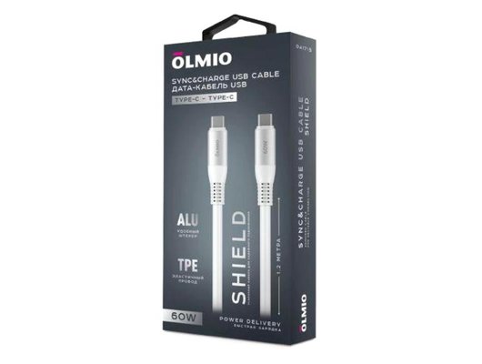Кабель OLMIO SHIELD, Type-C - Type-C, 60W, USB2.0, 1.2м, белый, 41715