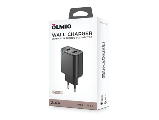 Зарядное устройство OLMIO СЗУ USBx2 2.4A +Type-C кабель Smart IC black 043368