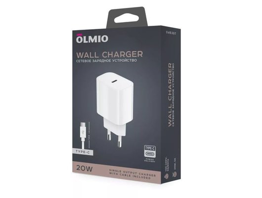 Зарядное устройство OLMIO СЗУ 20W, Type-C, PD, +Type-C cable, white, 46397
