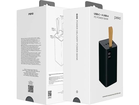 Внешний аккумулятор PERO PB10 60000 mAh, Li-Pol, output USB-C + 4 USB-A, черный