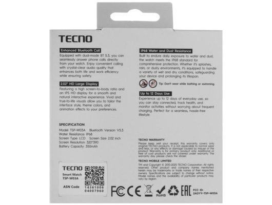 Смарт часы TECNO WATCH 3 ACTIVE ЧЕРНЫЙ (W03A)