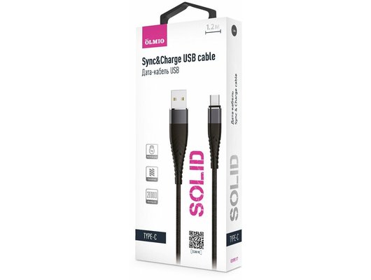 Кабель OLMIO SOLID USB 2.0 - Type-C 1.2м 2.1A цвет черный 39517