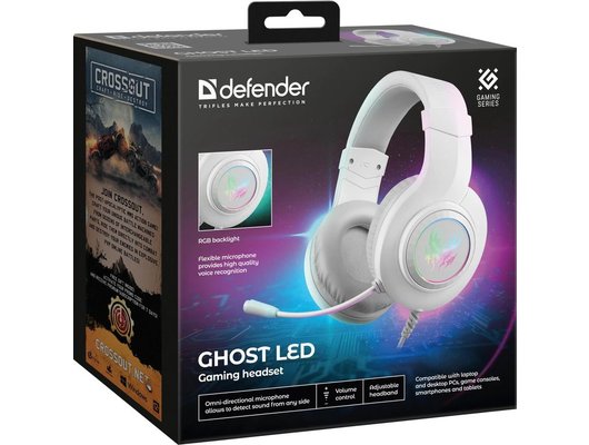 Игровые наушники проводные Defender Ghost LED белый