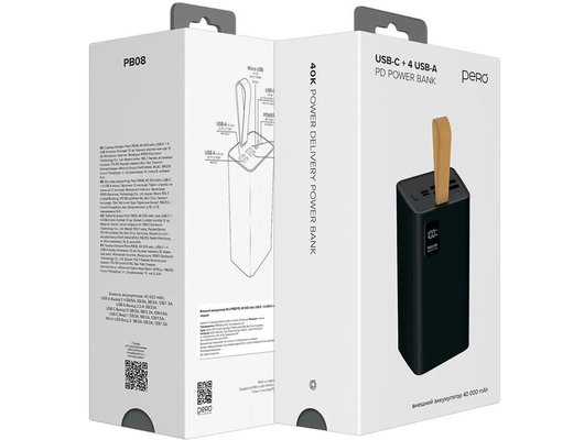 Внешний аккумулятор PERO PB08 40000 mAh, Li-Pol, output USB-C + 4 USB-A, черный