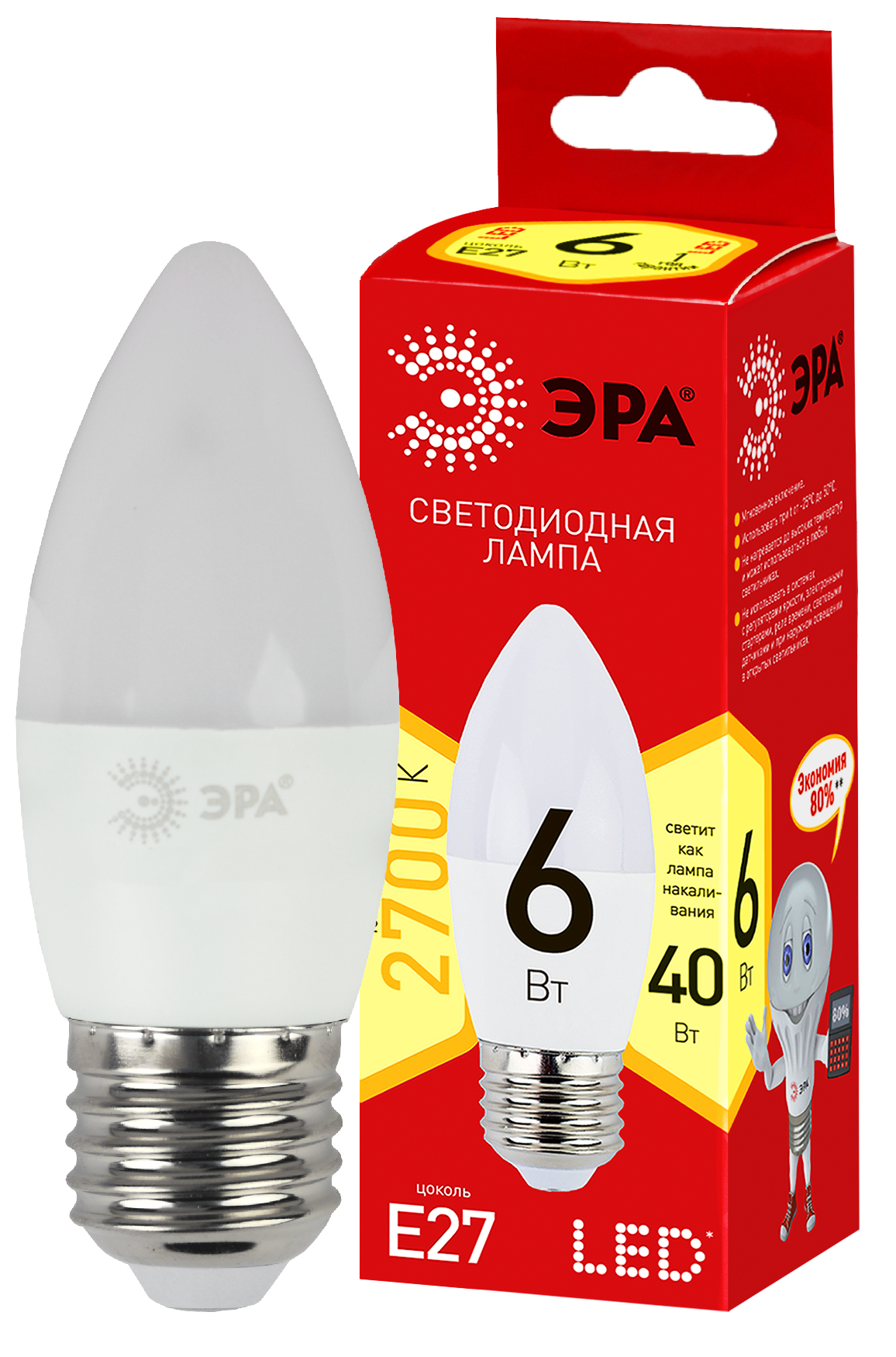 Лампочки LED E27 Эра эра eco led b35-6w-827-e27