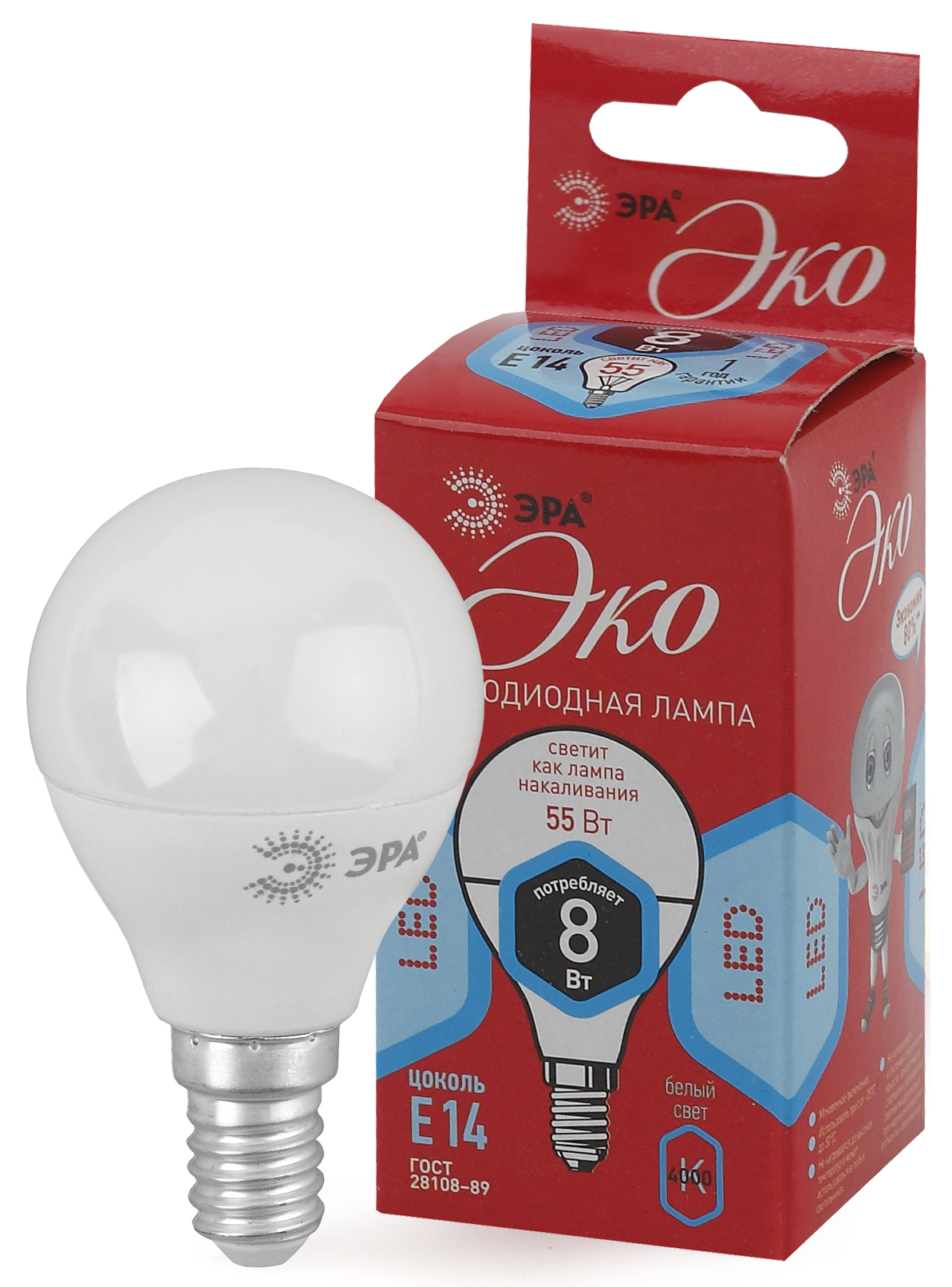 Лампочки LED E14 Эра эра eco led p45-8w-840-e14