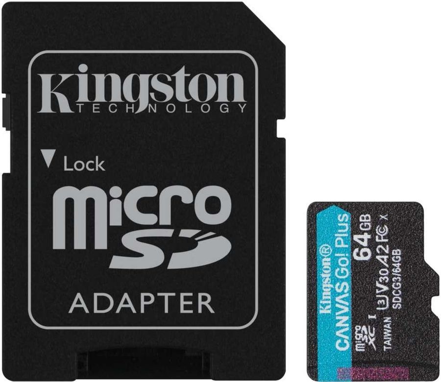 Карта памяти Kingston 64gb microsdxc canvas go plus 170r a2 u3 v30 card + adp sdcg3/64gb